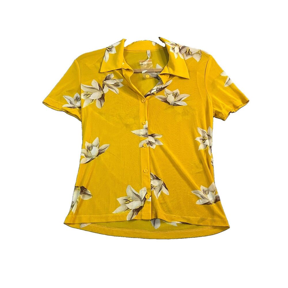 DNA Couture Yellow Floral Mesh Sheer Button Up Short Sleeve Top Womens Size M